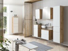 Waschbeckenunterschrank >Paris< in weiß / Wotaneiche, MDF - 60x54x35cm (BxHxT)