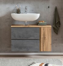 Waschbeckenunterschrank >Paris< in Betongrau, Wotaneiche, MDF - 85x54x35 (BxHxT)