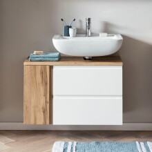 Waschbeckenunterschrank >Paris< in weiß, Wotaneiche, MDF - 85x54x35cm (BxHxT)
