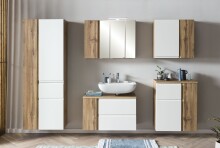 Waschbeckenunterschrank >Paris< in weiß, Wotaneiche, MDF - 85x54x35cm (BxHxT)