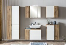 Waschbeckenunterschrank >Paris< in weiß, Wotaneiche, MDF - 85x54x35cm (BxHxT)