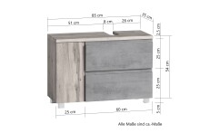 Waschbeckenunterschrank >Paris< in grau, Wotaneiche, MDF - 85x54x35cm (BxHxT)