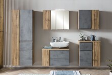 Waschbeckenunterschrank >Paris< in Betongrau, Wotaneiche, MDF - 85x54x35 (BxHxT)