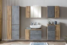 Waschbeckenunterschrank >Paris< in Betongrau, Wotaneiche, MDF - 85x54x35 (BxHxT)
