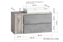 Waschtisch >Paris< in grau, Wotaneiche, MDF - 105x65,5x47cm (BxHxT)
