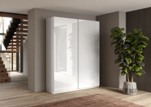 Schwebetürenschrank >Salva< 2 Böden, 4 Stangen, Weiss Hochglanz / Weiss - 180x230x55cm (B/H/T)