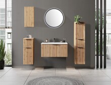 Waschtisch >Nizza< Korpus und Front in Wotaneiche-Dekor, Front (gestreift schwarz), Metallgriff in schwarz, 1 Auszug, inkl. Mineralgussbecken in weiß, 80x41x47 cm (BxHxT)