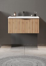 Waschtisch >Nizza< Korpus und Front in Wotaneiche-Dekor, Front (gestreift schwarz), Metallgriff in schwarz, 1 Auszug, inkl. Mineralgussbecken in weiß, 80x41x47 cm (BxHxT)