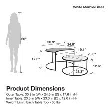 Satztisch >Halvor< (2er-Set) schwarz und weiß, MDF/Glas/Metall - 78x45x62cm (BxHxT)