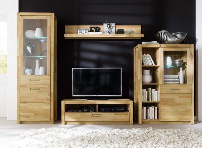 Wohnwand >Fenja< (4-teilig) in Kernbuche massiv - 309x203x46 (BxHxT)