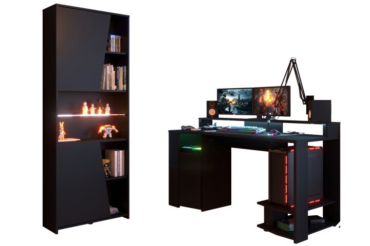 Gamingtisch >Gaming 2< (Set) inkl. Regal, LED-Beleuchtung, Dekor schwarz - 152x87x62cm BxHxT)