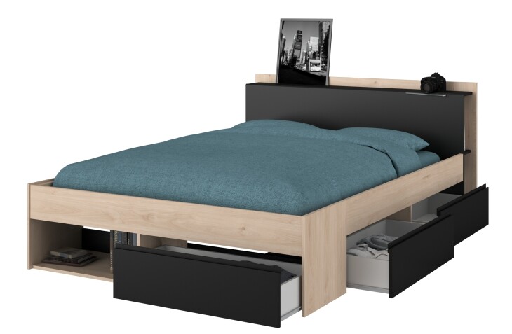 Stauraumbett >Most 8< in Schwarz / Jackson Eiche - 220x170x79cm (LxBxH)