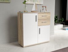 Kommode >IKOLI< 2 Türen, 2 Schübe, Sonoma Eiche Dekor / Weiss - 79,9x81,7x31,4cm BxHxT