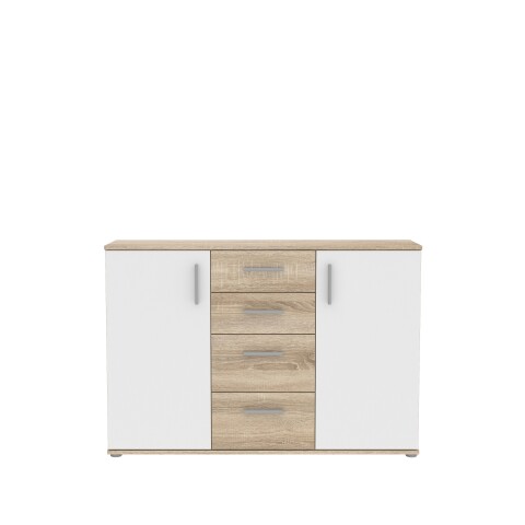 Sideboard >IKOLI< 2 Türen, 4 Schübe, Sonoma Eiche / Weiss - 119,6x81,7x31,4cm (BxHxT)