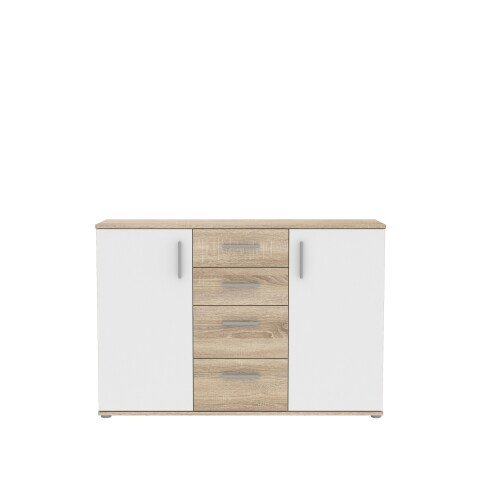 Sideboard >IKOLI< 2 Türen, 4 Schübe, Sonoma Eiche / Weiss - 119,6x81,7x31,4cm (BxHxT)