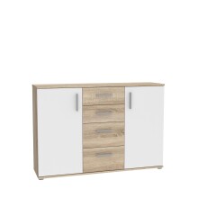 Sideboard >IKOLI< 2 Türen, 4 Schübe, Sonoma Eiche / Weiss - 119,6x81,7x31,4cm (BxHxT)