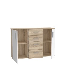 Sideboard >IKOLI< 2 Türen, 4 Schübe, Sonoma Eiche / Weiss - 119,6x81,7x31,4cm (BxHxT)