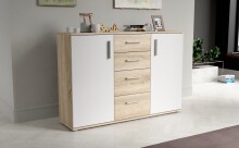 Sideboard >IKOLI< 2 Türen, 4 Schübe, Sonoma Eiche / Weiss - 119,6x81,7x31,4cm (BxHxT)