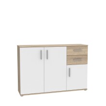 Sideboard >IKOLI< 3 Türen, 2 Schübe, Sonoma Eiche / Weiss - 119,6x81,7x31,4cm (BxHxT)
