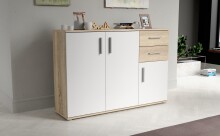 Sideboard >IKOLI< 3 Türen, 2 Schübe, Sonoma Eiche / Weiss - 119,6x81,7x31,4cm (BxHxT)