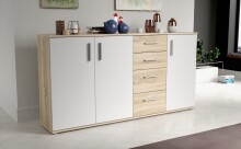 Sideboard >IKOLI< 3 Türen, 4 Schübe, Sonoma Eiche / Weiss - 159,2x81,7x31,4cm (BxHxT)