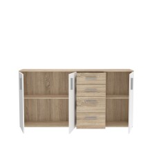 Sideboard >IKOLI< 3 Türen, 4 Schübe, Sonoma Eiche / Weiss - 159,2x81,7x31,4cm (BxHxT)