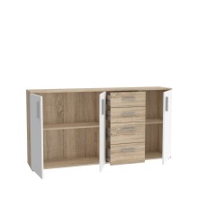 Sideboard >IKOLI< 3 Türen, 4 Schübe, Sonoma Eiche / Weiss - 159,2x81,7x31,4cm (BxHxT)