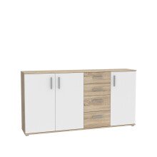 Sideboard >IKOLI< 3 Türen, 4 Schübe, Sonoma Eiche / Weiss - 159,2x81,7x31,4cm (BxHxT)