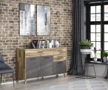 Sideboard >RICCIANO< soft close, Betonoptik Dunkelgrau / Stabeiche 74,2x94,7x41,5cm (B/H/T)