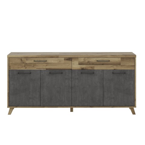 Sideboard >RICCIANO< soft close, Betonoptik Dunkelgrau/ Stabeiche - 203,9x97,4x41,5 (BxHxT)