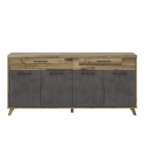 Sideboard >RICCIANO< soft close, Betonoptik Dunkelgrau/ Stabeiche - 203,9x97,4x41,5 (BxHxT)