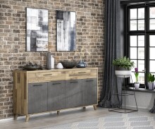 Sideboard >RICCIANO< soft close, Betonoptik Dunkelgrau/ Stabeiche - 203,9x97,4x41,5 (BxHxT)