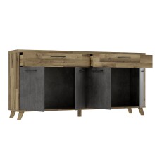 Sideboard >RICCIANO< soft close, Betonoptik Dunkelgrau/ Stabeiche - 203,9x97,4x41,5 (BxHxT)