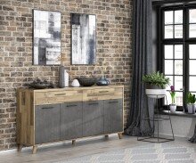 Sideboard >RICCIANO< soft close, Betonoptik Dunkelgrau/ Stabeiche - 203,9x97,4x41,5 (BxHxT)