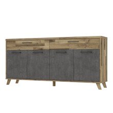 Sideboard >RICCIANO< soft close, Betonoptik Dunkelgrau/ Stabeiche - 203,9x97,4x41,5 (BxHxT)