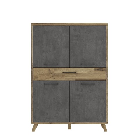 Highboard >RICCIANO< in Betonoptik Dunkelgrau/ Stabeiche - 114,5x161,9x41,5cm (B/H/T)