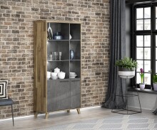 Stauraumvitrine >RICCIANO< in Betonoptik Dunkelgrau / Stabeiche -  94,5x190,9x41,5cm (B/H/T)