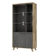 Stauraumvitrine >RICCIANO< in Betonoptik Dunkelgrau / Stabeiche -  94,5x190,9x41,5cm (B/H/T)