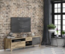 Lowboard >RICCIANO< in Betonoptik Dunkelgrau / Stabeiche - 154,5x56,6x52,2cm (B/H/T)