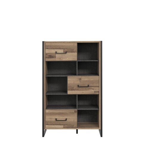 Regal >HUD< 3 Türen, Stabeiche / Betonoptik Dunkelgrau - 94,1x151,5x41,5cm (BxHxT)