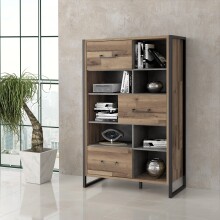 Regal >HUD< 3 Türen, Stabeiche / Betonoptik Dunkelgrau - 94,1x151,5x41,5cm (BxHxT)
