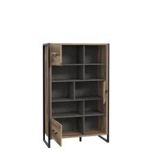 Regal >HUD< 3 Türen, Stabeiche / Betonoptik Dunkelgrau - 94,1x151,5x41,5cm (BxHxT)