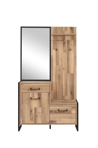 Kompaktgarderobe >HUD< Spiegel, Türen, Schublade, Stabeiche Dekor - 114,1x199,9x41,5cm B/H/T