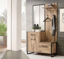 Kompaktgarderobe >HUD< Spiegel, Türen, Schublade, Stabeiche Dekor - 114,1x199,9x41,5cm B/H/T