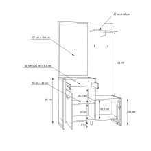 Kompaktgarderobe >HUD< Spiegel, Türen, Schublade, Stabeiche Dekor - 114,1x199,9x41,5cm B/H/T