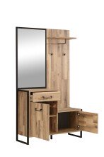 Kompaktgarderobe >HUD< Spiegel, Türen, Schublade, Stabeiche Dekor - 114,1x199,9x41,5cm B/H/T