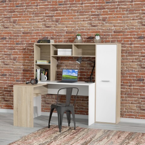 Eckschreibtisch >ERIADU< 8 Fächer, 1 Tür, Sonoma Eiche / Weiss - 173x152x116cm (BxHxT)