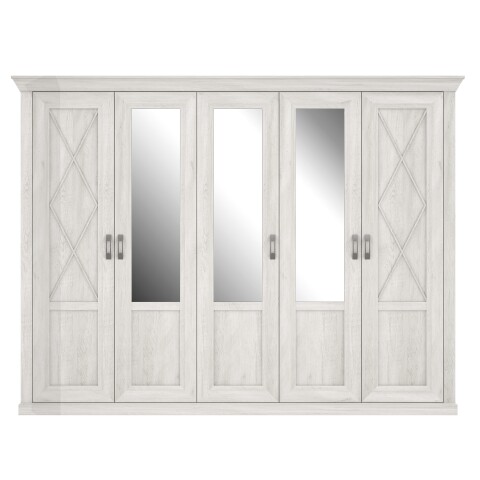 Drehtürenschrank >KASHMIR< 5 Türen, 6 Böden, Spiegel, in Pinie Weiss - 268,3x204,9x65cm (BxHxT)