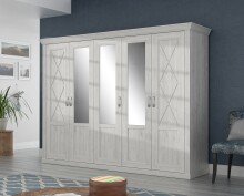 Drehtürenschrank >KASHMIR< 5 Türen, 6 Böden, Spiegel, in Pinie Weiss - 268,3x204,9x65cm (BxHxT)