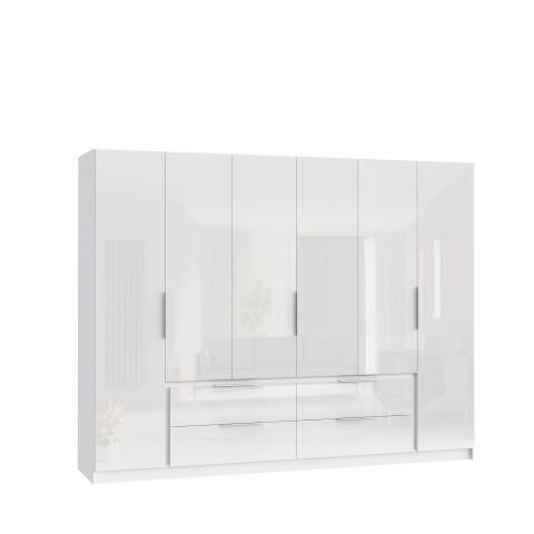 Drehtürenschrank >LUANO< 4 Schubladen, 6 Türen, Weiss / Weiss Glanz - 269,7x210,5x60cm (BxHxT)